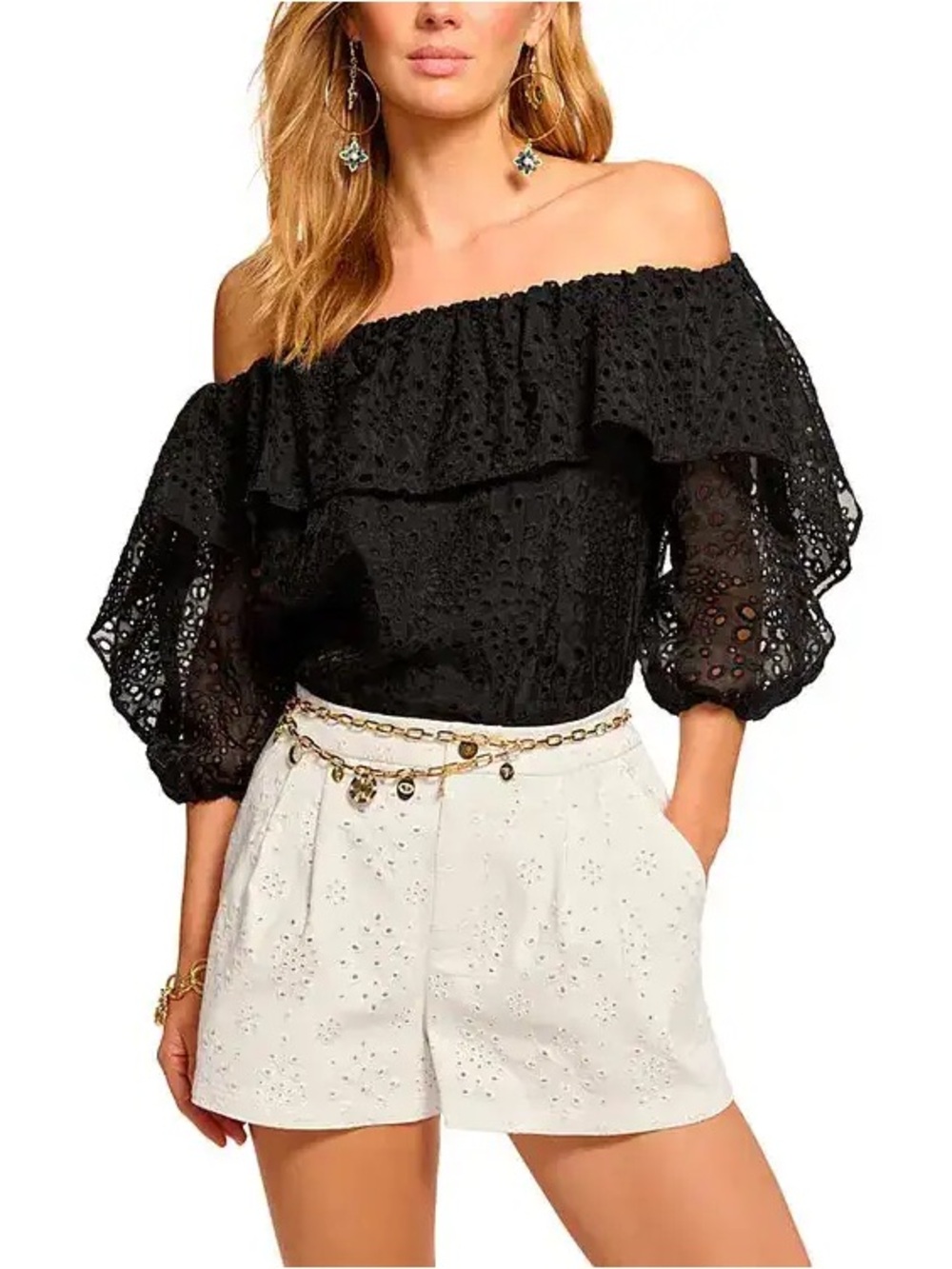 Ramy Brook Salma Off-The-Shoulder Top black eyelet lace Size Medium NWT
